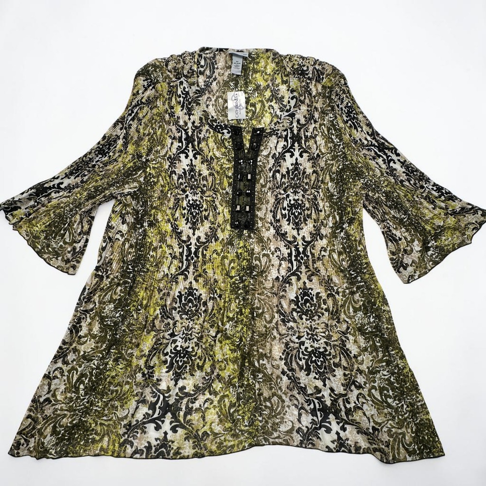 Catherines Blouse Women 4X Green Damask Beaded Bell Sleeve Accordion Stretch NEW